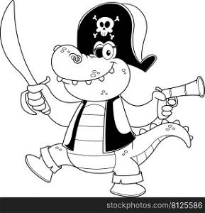 Outlined Pirate Alligator Or Crocodile Cartoon Character With A Sword And A Pistol. Vector Hand Drawn Illustration Isolated On White Background