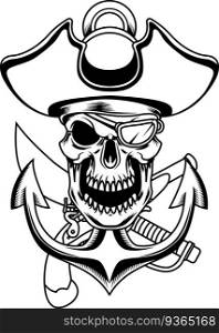 Outlined Pirate Skull With Sabres And Gun Over Anchor In Ropes Graphic Logo Design Vector Hand Drawn Illustration Isolated On Transparent Background