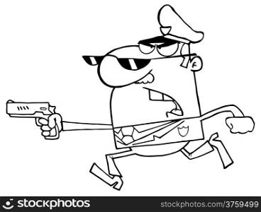 Outlined Police Officer Running With A Gun