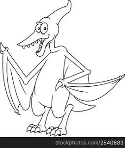 Outlined Pterodactyl Dinosaur Cartoon Character. Vector Hand Drawn Illustration Isolated On White Background
