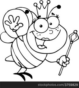Outlined Queen Bee Cartoon Character Waving For Greeting