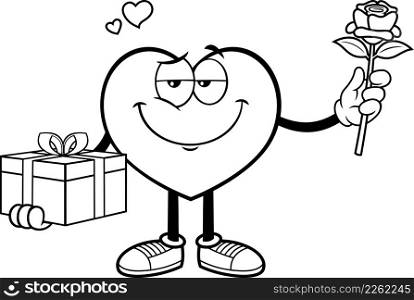 Outlined Romantic Heart Cartoon Character Holding A Gift And Rose. Vector Hand Drawn Illustration Isolated On White Background