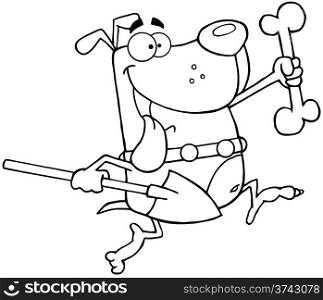 Outlined Running Dog With A Bone And Shovel