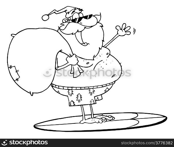 Outlined Santa Claus Carrying His Sack While Surfing