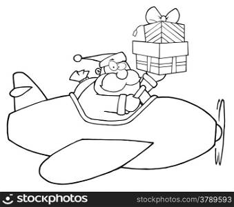 Outlined Santa Claus Holding Up A Stack His Christmas Plane
