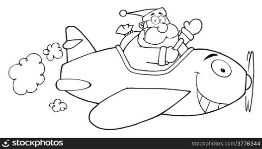 Outlined Santa Flying With Christmas Plane