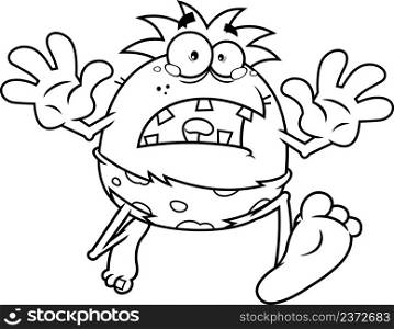 Outlined Scared Caveman Cartoon Character Running Front. Vector Hand Drawn Illustration Isolated On White Background
