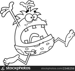 Outlined Scared Caveman Cartoon Character Running. Vector Hand Drawn Illustration Isolated On White Background