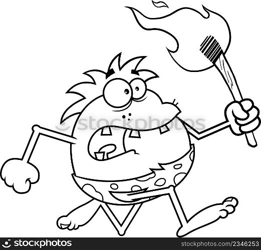 Outlined Scared Caveman Cartoon Character Running With A Torch. Vector Hand Drawn Illustration Isolated On White Background