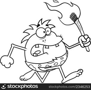 Outlined Scared Caveman Cartoon Character Running With A Torch. Vector Hand Drawn Illustration Isolated On White Background