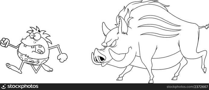 Outlined Scared Caveman Escape From Angry Giant Wild Boar Cartoon Characters. Vector Hand Drawn Illustration Isolated On White Background