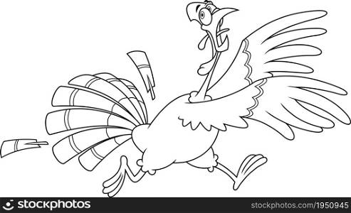 Outlined Scared Turkey Cartoon Characters Running. Vector Hand Drawn Illustration Isolated On White Background
