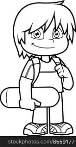 Outlined School Boy Cartoon Character With Backpack Standing And Hold A Skateboard. Vector Hand Drawn Illustration Isolated On Transparent Background
