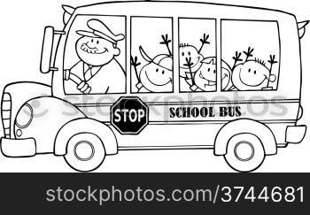Outlined School Bus With Happy Children