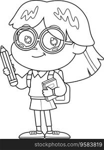 Outlined School Girl Cartoon Character With Backpack And Textbook Holding A Pencil. Vector Hand Drawn Illustration Isolated On Transparent Background