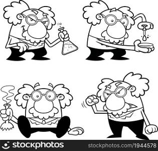 Outlined Science Professor Cartoon Character Poses. Vector Hand Drawn Collection Set Isolated On White Background