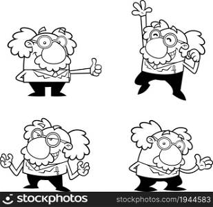 Outlined Science Professor Cartoon Character Poses. Vector Hand Drawn Collection Set Isolated On White Background