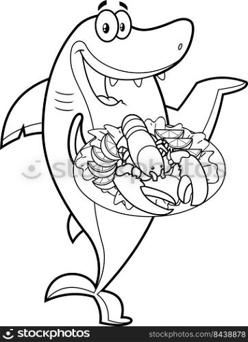 Outlined Shark Chef Cartoon Character Holding Whole Red Boiled Lobster On Dish. Vector Hand Drawn Illustration Isolated On White Background