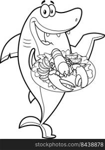 Outlined Shark Chef Cartoon Character Holding Whole Red Boiled Lobster On Dish. Vector Hand Drawn Illustration Isolated On White Background