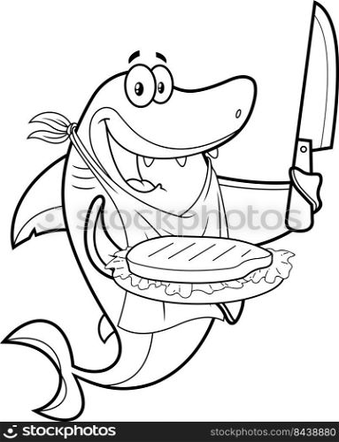 Outlined Shark Chef Cartoon Character Showing Grilled Steak On Plate. Vector Hand Drawn Illustration Isolated On White Background