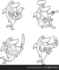 Outlined Shark Chef Cartoon Mascot Character Different Poses. Vector Hand Drawn Collection Set Isolated On White Background
