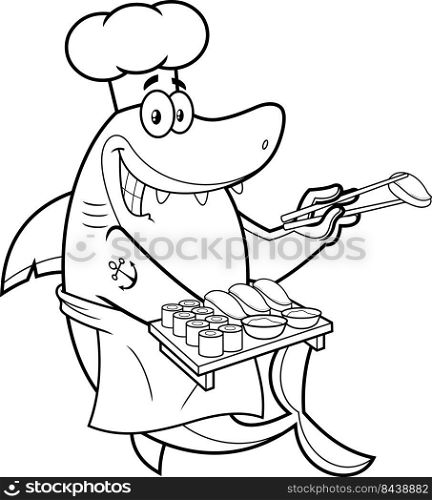 Outlined Shark Sushi Chef Cartoon Character Showing Sushi Set Japanese Seafood. Vector Hand Drawn Illustration Isolated On White Background