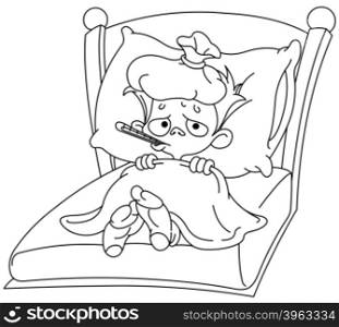 Outlined sick kid lying in bed. Vector illustration coloring page.