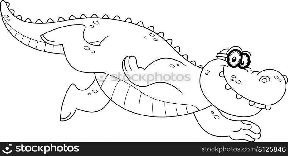 Outlined Smiling Alligator Or Crocodile Cartoon Character Swimming. Vector Hand Drawn Illustration Isolated On White Background