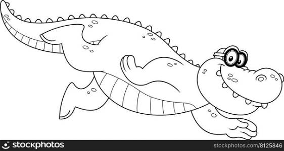 Outlined Smiling Alligator Or Crocodile Cartoon Character Swimming. Vector Hand Drawn Illustration Isolated On White Background