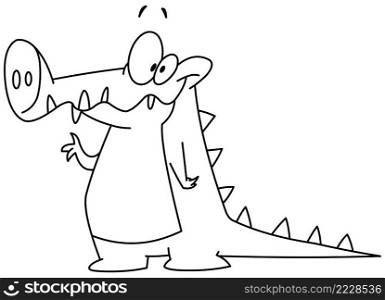 Outlined Smiling crocodile alligator waving with his hand. Vector line art illustration coloring page.