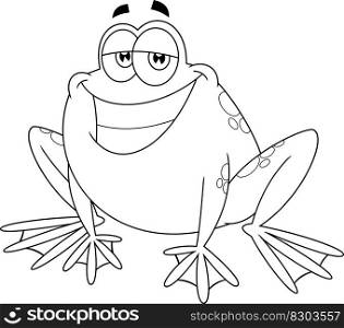 Outlined Smiling Frog Cartoon Character. Vector Hand Drawn Illustration Isolated On Transparent Background