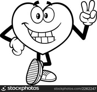 Outlined Smiling Heart Cartoon Character Showing Peace Hand Sign. Vector Hand Drawn Illustration Isolated On White Background