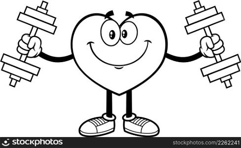 Outlined Smiling Heart Cartoon Character Training With Dumbbells. Vector Hand Drawn Illustration Isolated On White Background