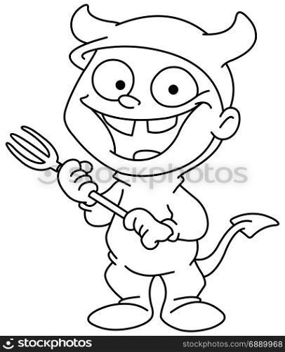 Outlined smiling kid in a devil costume celebrating Halloween. Vector illustration coloring page.