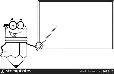 Outlined Smiling Pencil Teacher Character With A Pointer In Front Of Chalkboard