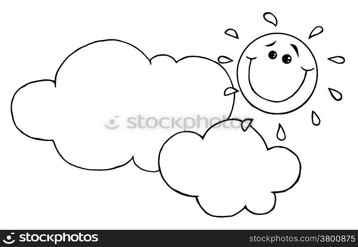 Outlined Smiling Sun Behind Cloud Cartoon Character
