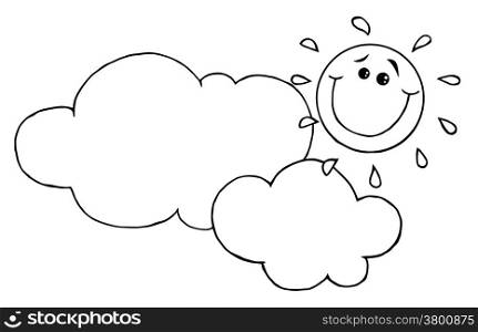 Outlined Smiling Sun Behind Cloud Cartoon Character