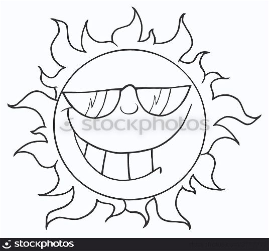 Outlined Smiling Sun Mascot Cartoon Character With Sunglasses
