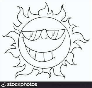 Outlined Smiling Sun Mascot Cartoon Character With Sunglasses
