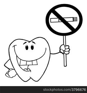 Outlined Smiling Tooth Holding Up A No Smoking Sign