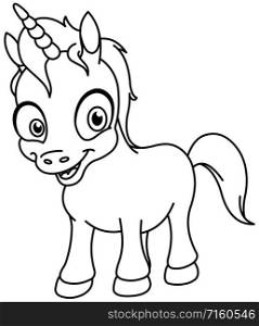 Outlined smiling unicorn. Vector line art illustration coloring page.
