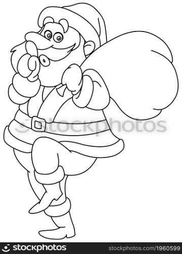 Outlined sneaky Santa Claus showing silence sign and tip toeing carrying gifts sack. Vector line art illustration coloring page.