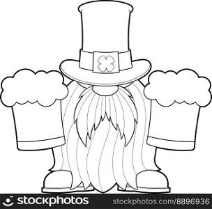 Outlined St. Patrick's Day Gnome Cartoon Character Holds Mugs With Beers. Vector Hand Drawn Illustration Isolated On Transparent Background
