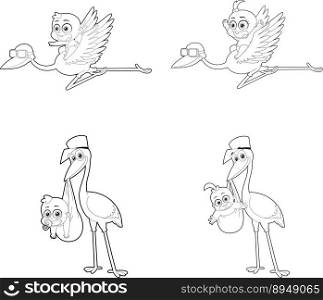 Outlined Stork Delivering A Babies Cartoon Characters. Vector Hand Drawn Collection Set Isolated On Transparent Background