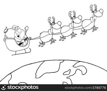 Outlined Team Of Reindeer And Santa In His Sleigh Flying Above The Globe