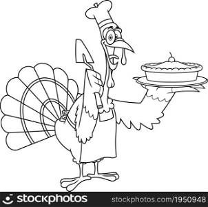 Outlined Thanksgiving Turkey Pilgrim Cartoon Characters Holding A Musket. Vector Hand Drawn Illustration Isolated On White Background
