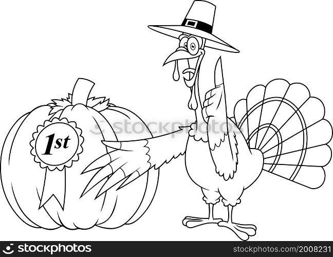 Outlined Thanksgiving Turkey Pilgrim Cartoon Characters Showing A First Prize Winning Pumpkin. Raster Hand Drawn Illustration Isolated On White Background
