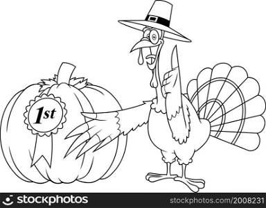 Outlined Thanksgiving Turkey Pilgrim Cartoon Characters Showing A First Prize Winning Pumpkin. Raster Hand Drawn Illustration Isolated On White Background