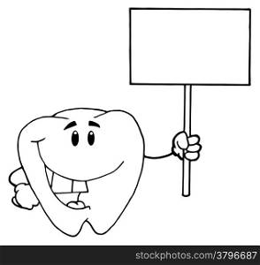 Outlined Tooth Cartoon Character Holding A Blank White Sign