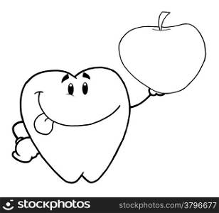 Outlined Tooth Cartoon Character Holding Up A Apple